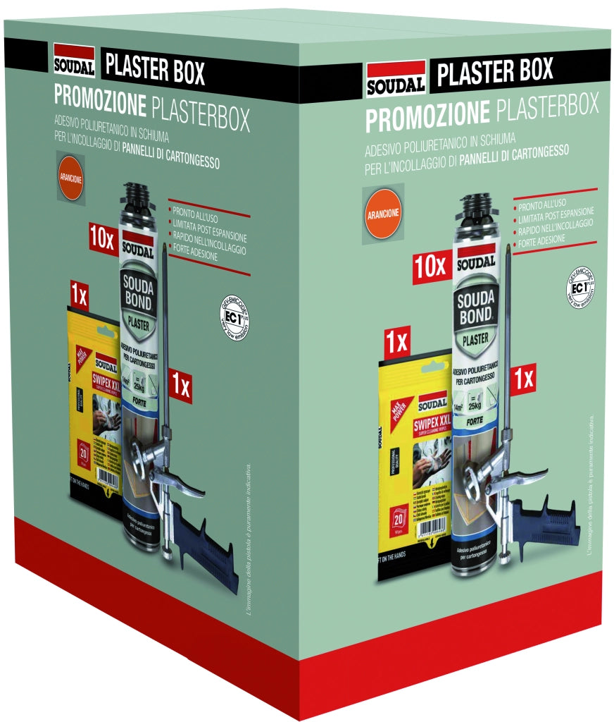 Soudal BOX 10 PZ SCHIUMA POLIURETANICA PER CARTONGESSO PER PISTOLA ml.750 + PISTOLA + 1 CF DI SWIPEX