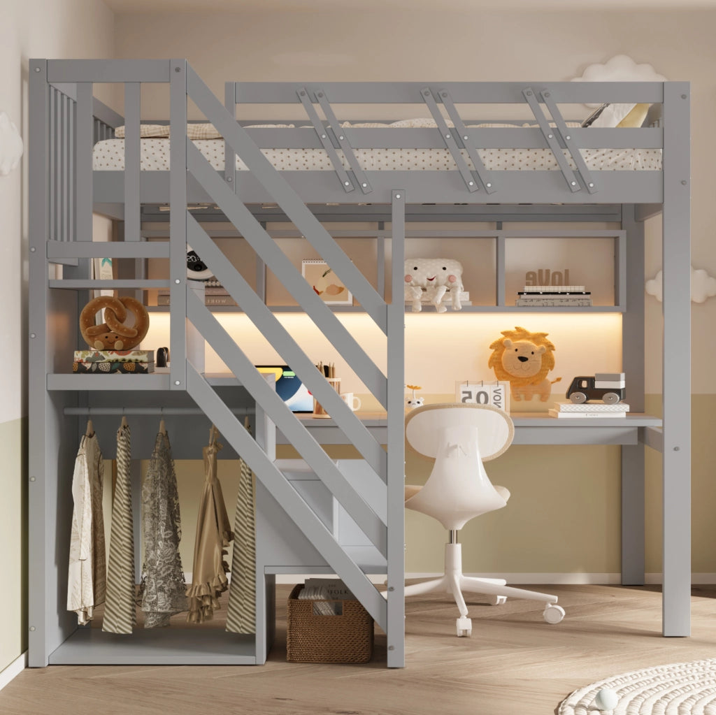 Letto a soppalco per bambini 90x200 cm con scrivania; LED e scala contenitore grigio