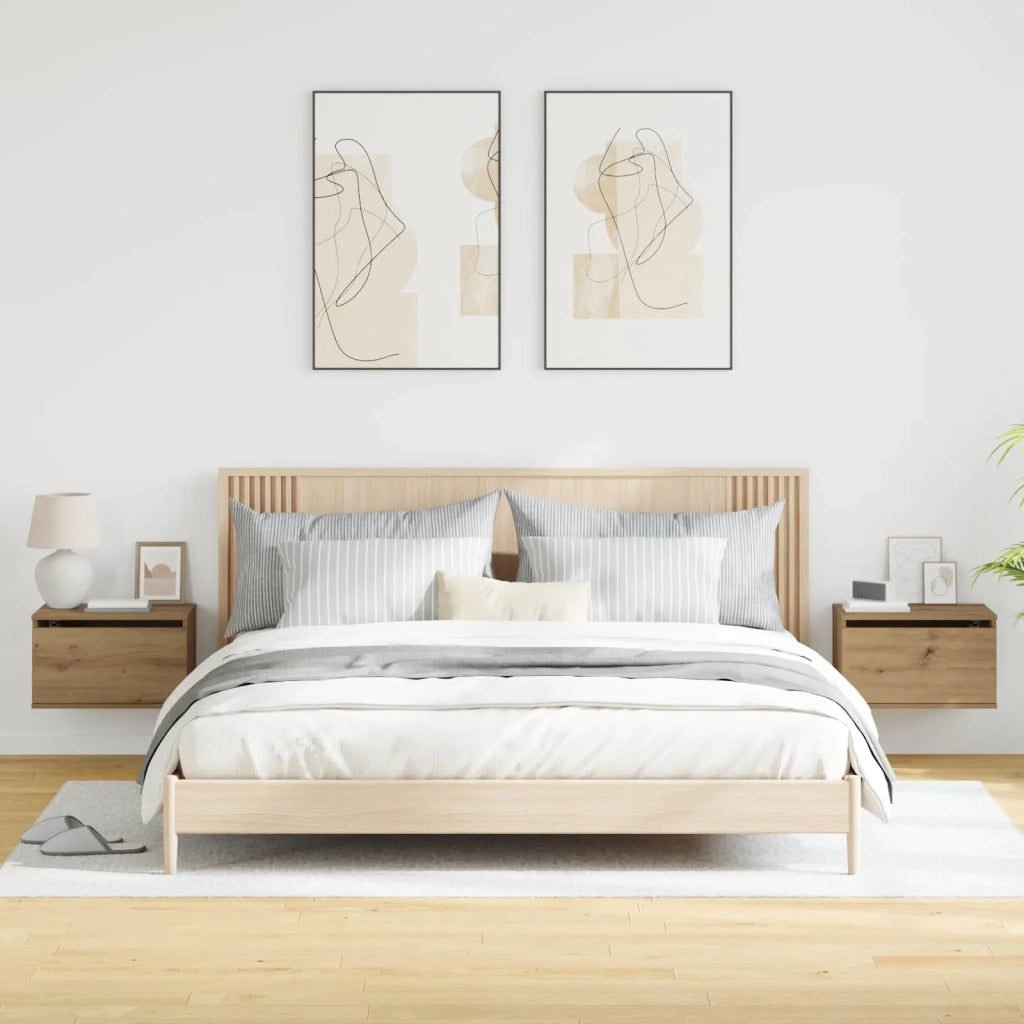 Set di 2 Mobiletto da Comodino | Armadio da Notte | Mobiletto da notte a parete Rovere artigianale