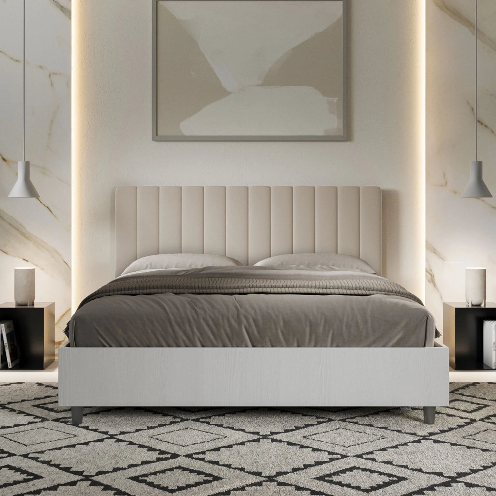 Letto Matrimoniale 160x190 cm con Rete e Contenitore Alzata Comoda Struttura Bianco Frassico e Testata in Similpelle