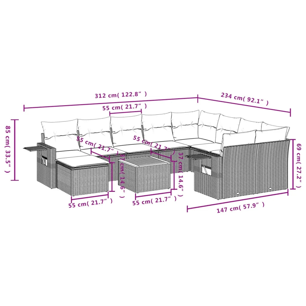 Set Divani da Giardino 11 pz con Cuscini in Polyrattan Nero 3257182