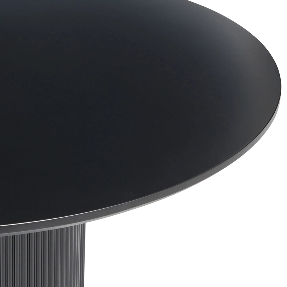 Tavolo da pranzo in MDF nero da 120 cm con gambe a colonna scanalate e nervate, design minimalista