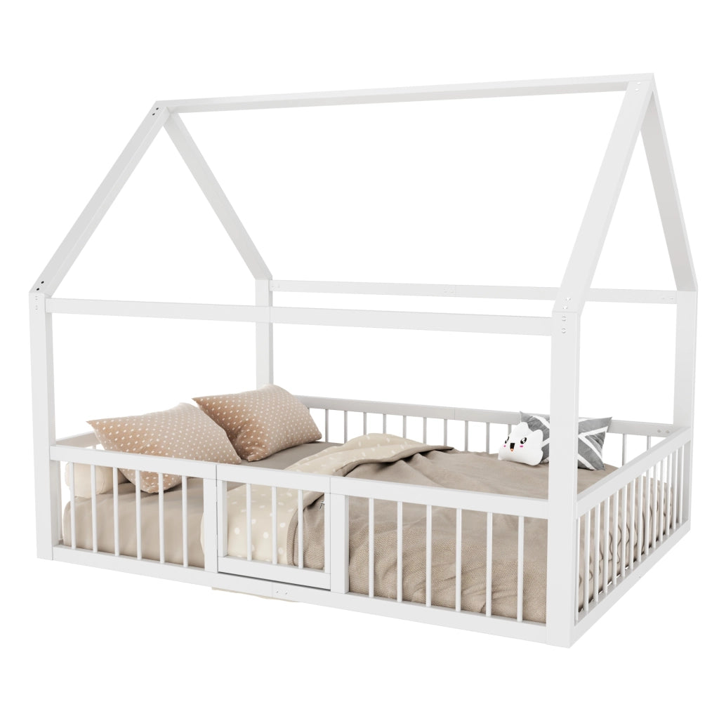 Letto 140x200 cm a casetta con sponde e porticina in metallo bianco