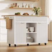Isola da cucina su ruote 143 x 45 (69) cm con piano ribaltabile, 2 cassetti, 2 ante e vano porta spezie