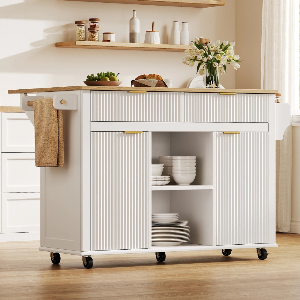 Isola da cucina su ruote 143 x 45 (69) cm con piano ribaltabile, 2 cassetti, 2 ante e vano porta spezie