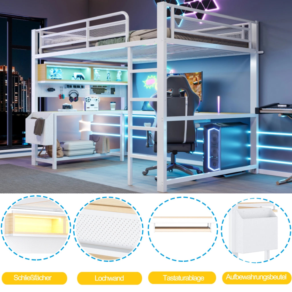 DESMIU Letto a soppalco 140 × 200 cm con scrivania, LED, prese USB, senza materasso, bianco