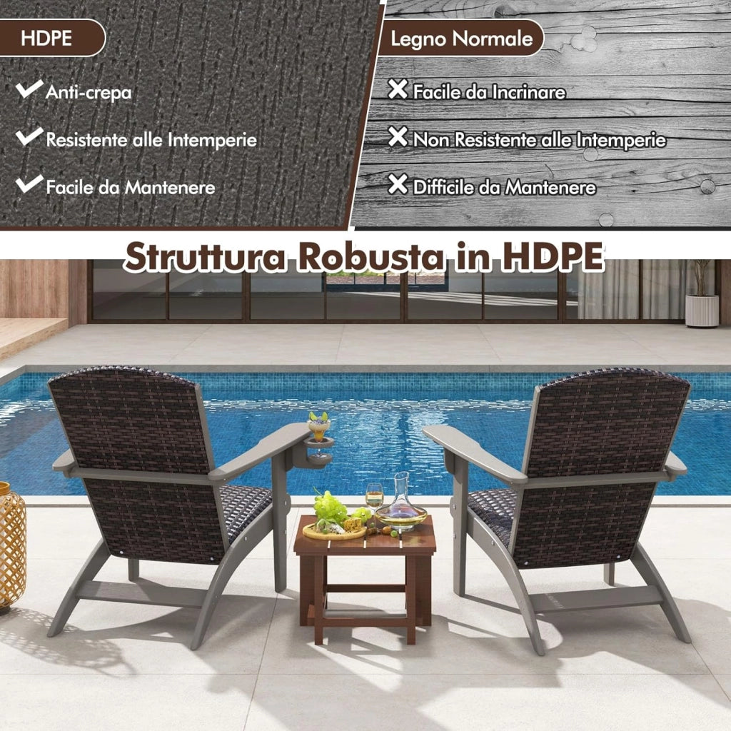 Sedia Adirondack da Giardino, Sedia da Lounge HDPE con Sedile e Schienale Imbottiti in Rattan, Porta Tazza Nascosto, Poltrona per Esterno Giardino Prato, Portata 150 kg (Grigio)