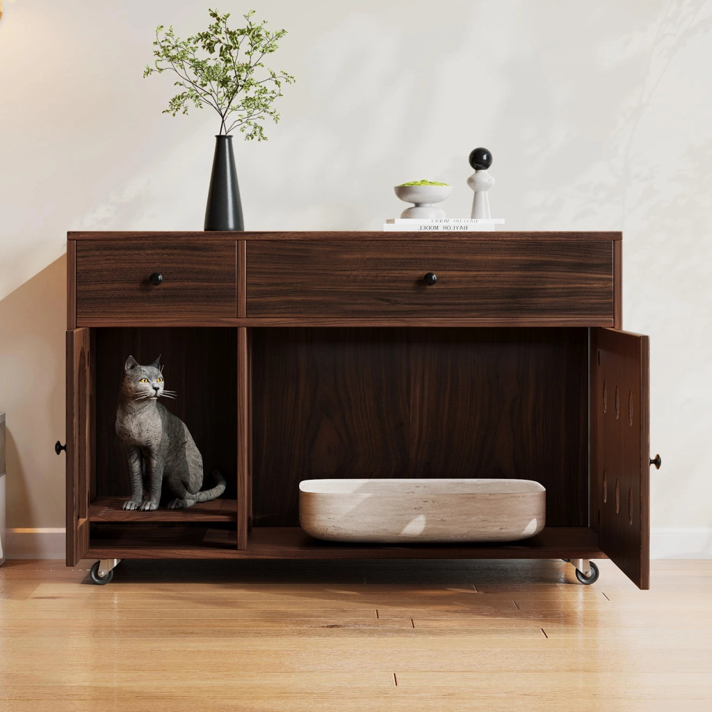 Mobile copri lettiera per gatti con 2 cassetti e vaschetta estraibile, per soggiorno, in MDF, noce, 100 × 45 × 66 cm