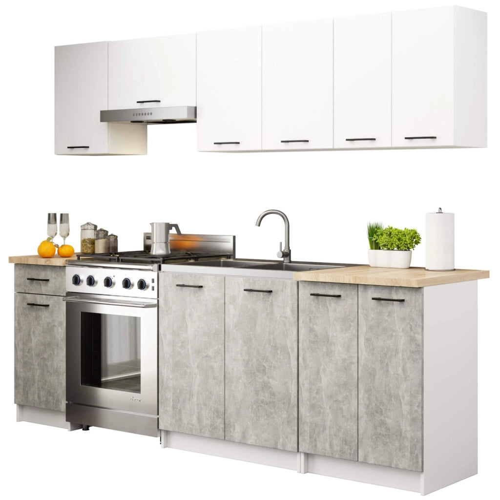 AKORD Set di Mobili da Cucina OLIWIA 240 cm Bianco 240 cm 11 ante 1 cassetto inserto frontale Cemento 240x46x203 cm