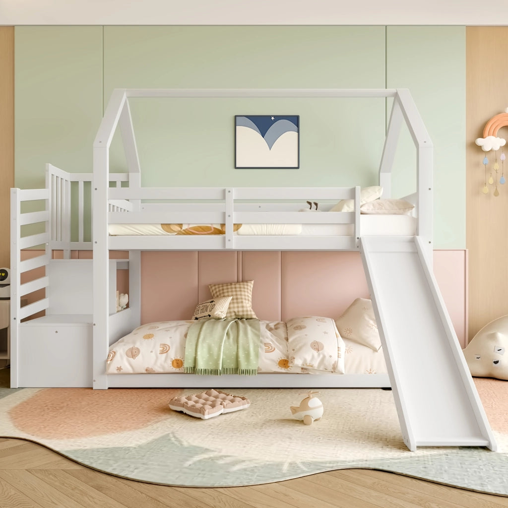 OKWISH Letto a Castello a Casetta 90×200 cm, Letto Singolo con Scala con Contenitore, Scivolo e Sponda, senza Materasso, Bianco