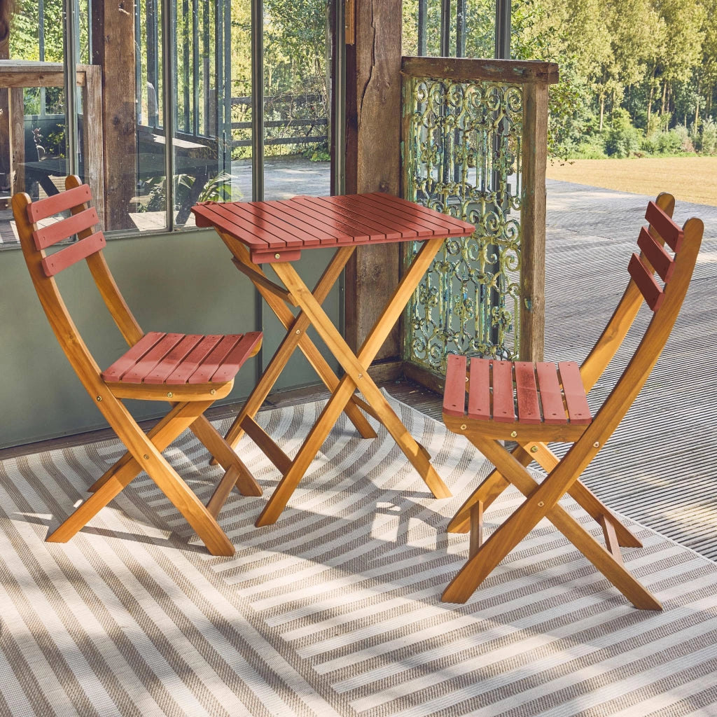 Set tavolo da giardino in legno di acacia con 2 sedie pieghevoli,