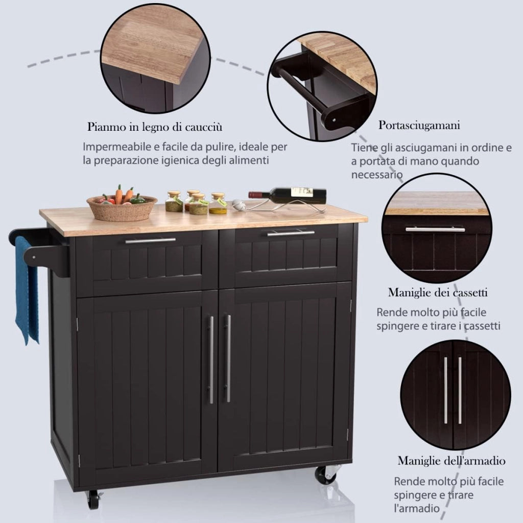 Carrello da Cucina, Isola da Cucina con Cassetti Portaoggetti e Armadietti, Ruote Universali e Portasciugamani, Ideale per Casa Ristorante Bar (Marrone)