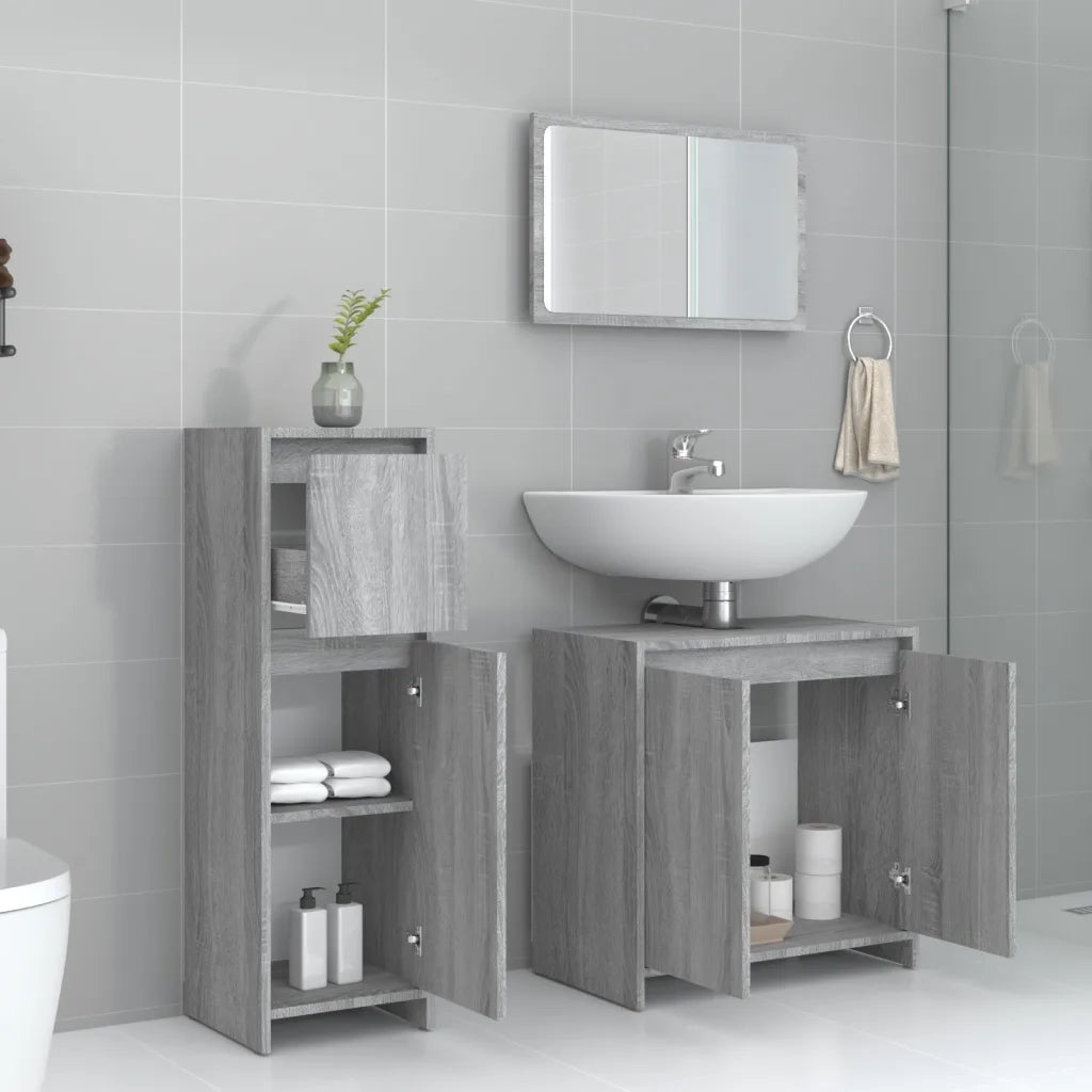Set Mobili da Bagno | Armadio da bagno 3 pz Grigio Sonoma in Legno Multistrato