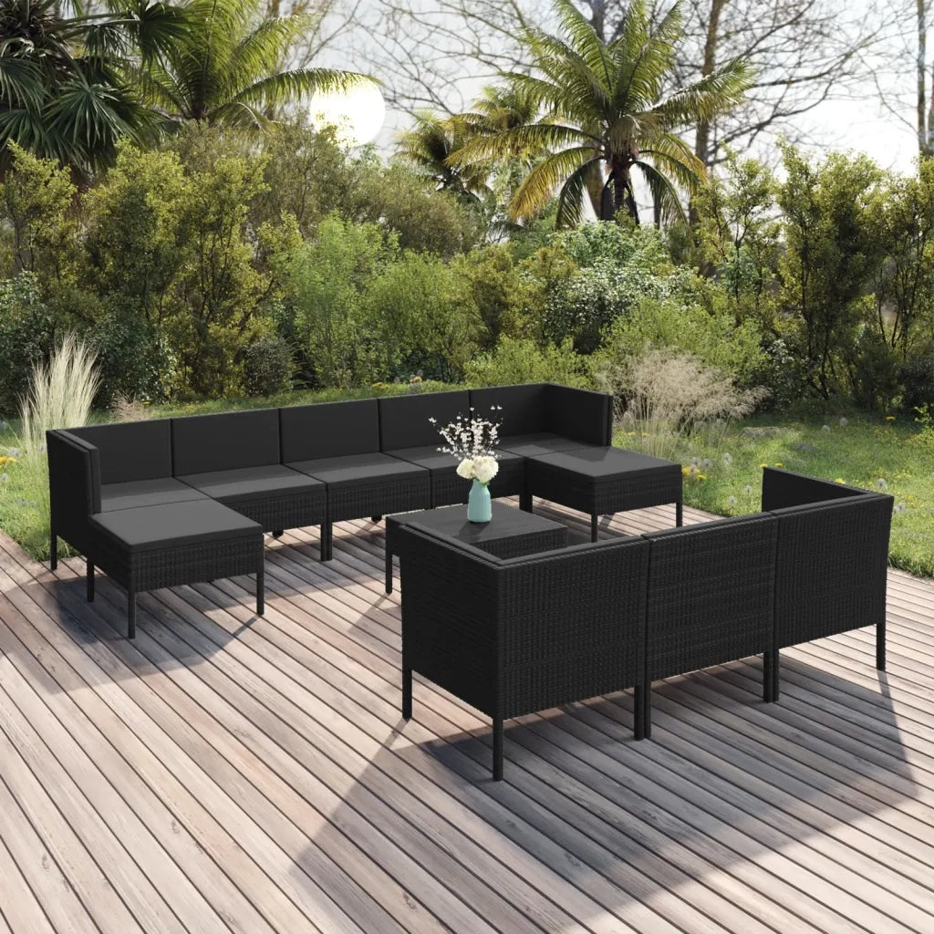 Set Divani da Giardino 11 pz con Cuscini in Polyrattan Nero 3094585