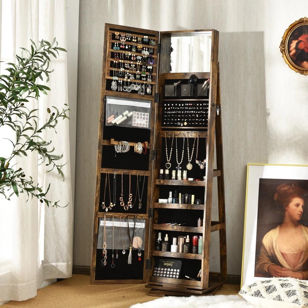 Armadio portagioielli girevole a 360¡ã con specchio, Organizer gioielli 2 in 1 a figura intera, Naturale-Armadietti per gioielli