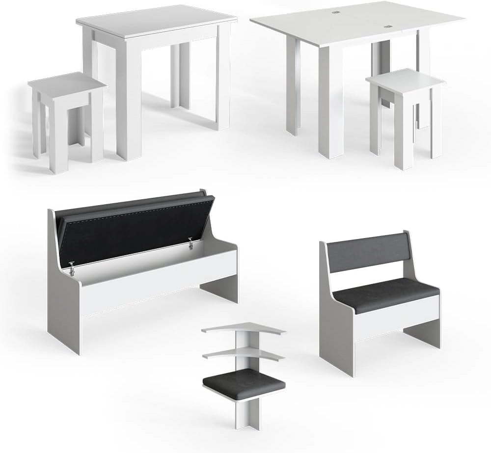 Gruppo panca ad angolo Roman, Bianco, 180 x 120 cm con tavolo, adatto per il posizionamento ad angolo in cucine e sale da pranzo