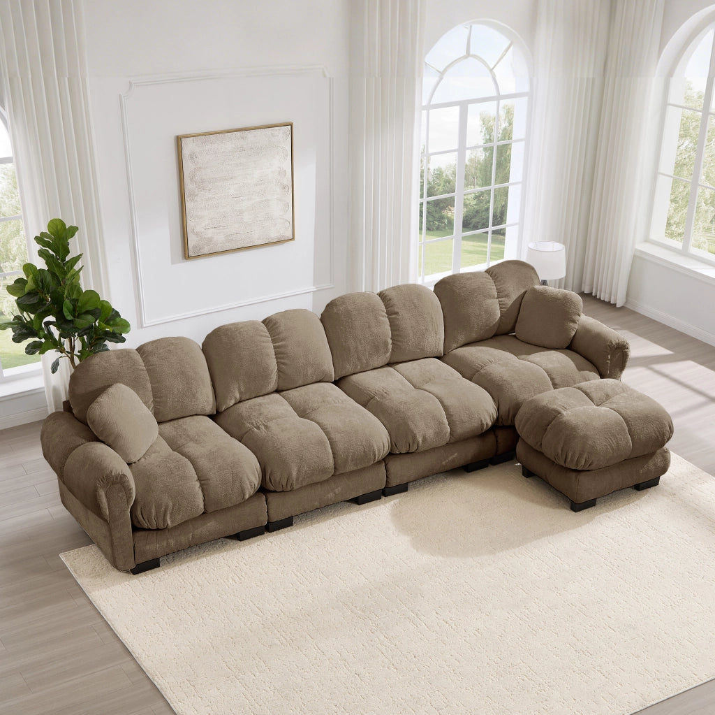 Divano angolare modulare in ciniglia con pouf mobile; marrone