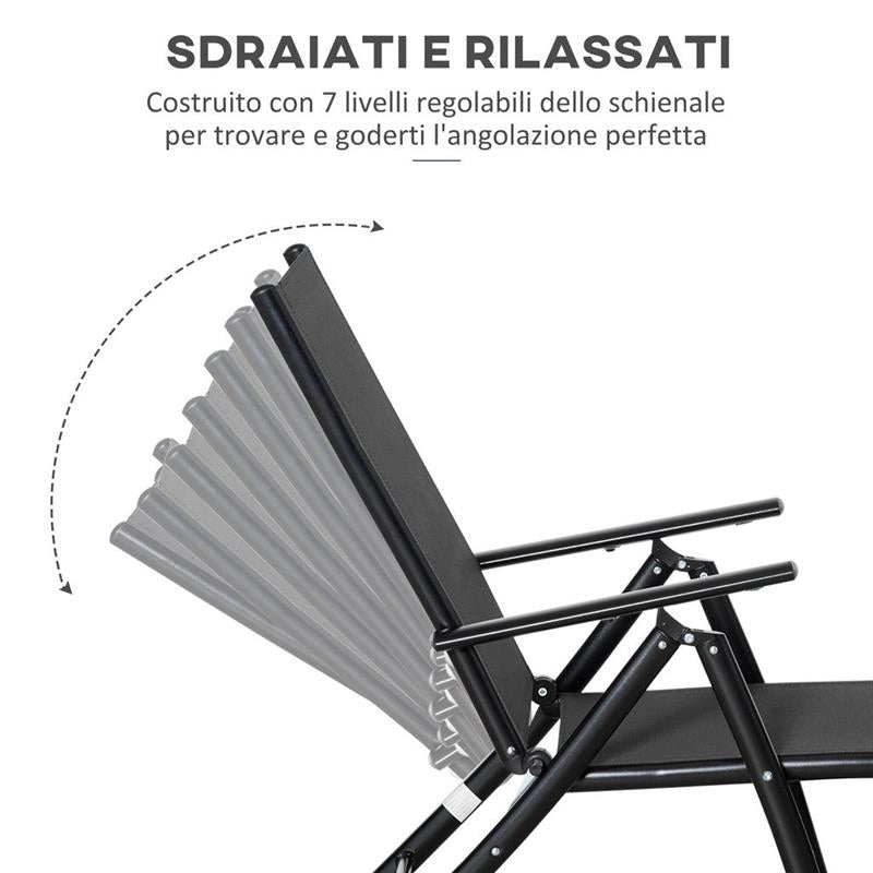 SET 2 SDRAIO DA GIARDINO PIEGHEVOLI CON SCHIENALE REGOLABILE 64X134X95 CM NERO