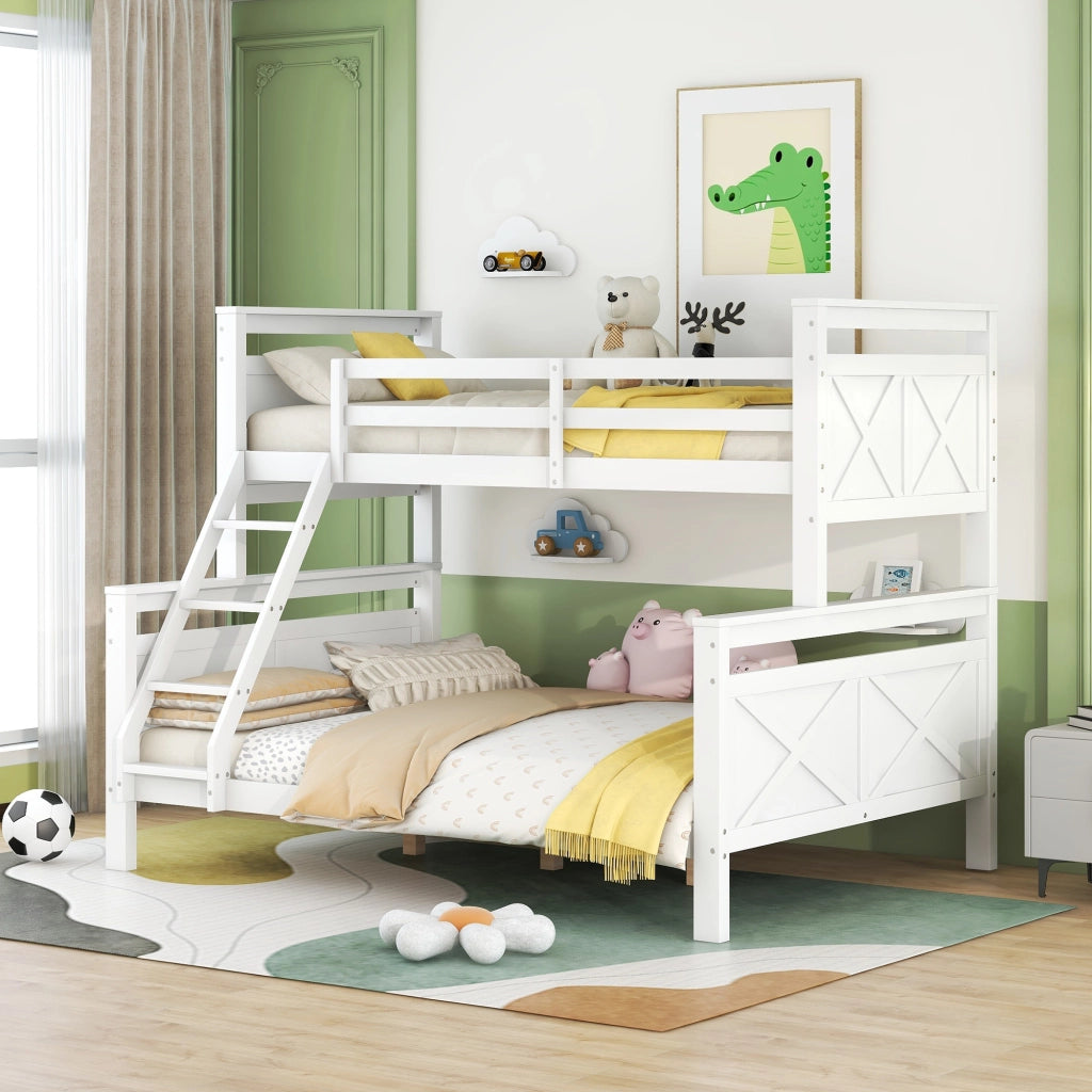 OKWISH Letto a Castello 90×200 cm e 140×200 cm, Letto 3 Posti con Scala Inclinata e Sponda di Sicurezza, senza Materasso, Bianco