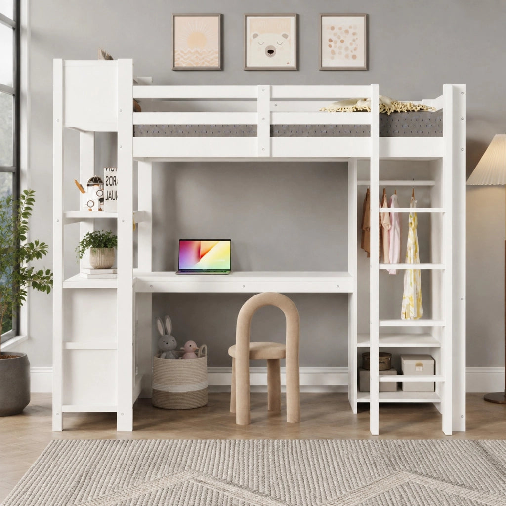 Letto a soppalco 90x200 cm con scrivania, armadio e ripiani