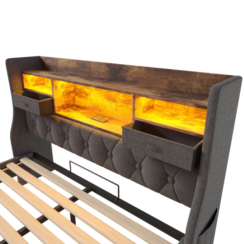 Letto matrimoniale 140x200 cm con LED; testiera con prese USB e Type-C; contenitore; lino grigio