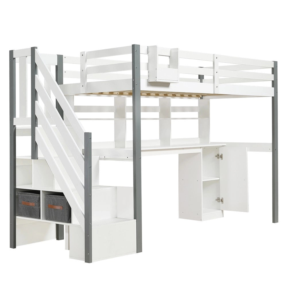 Letto a Soppalco con Scrivania e Contenitore ¨C MINIMAL ¨C Pino e MDF, Bianco e Grigio, 90x200