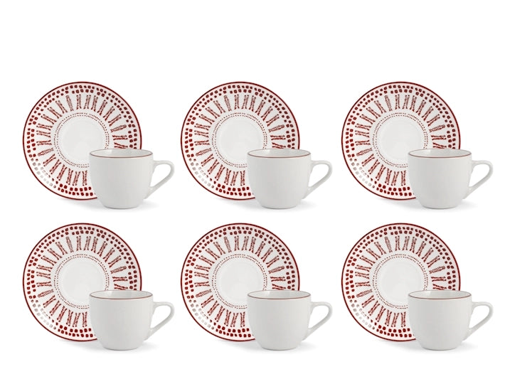 Confezione 6 tazze caffè voyage rosso con piatto in porcellana decorata