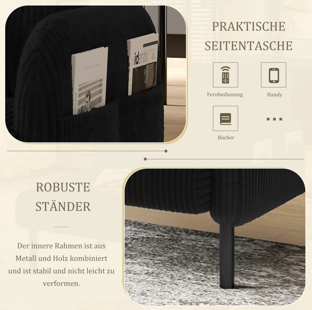 Poltrona singola in tessuto corduroy nero 67 x 75 x 79 cm con tasca laterale