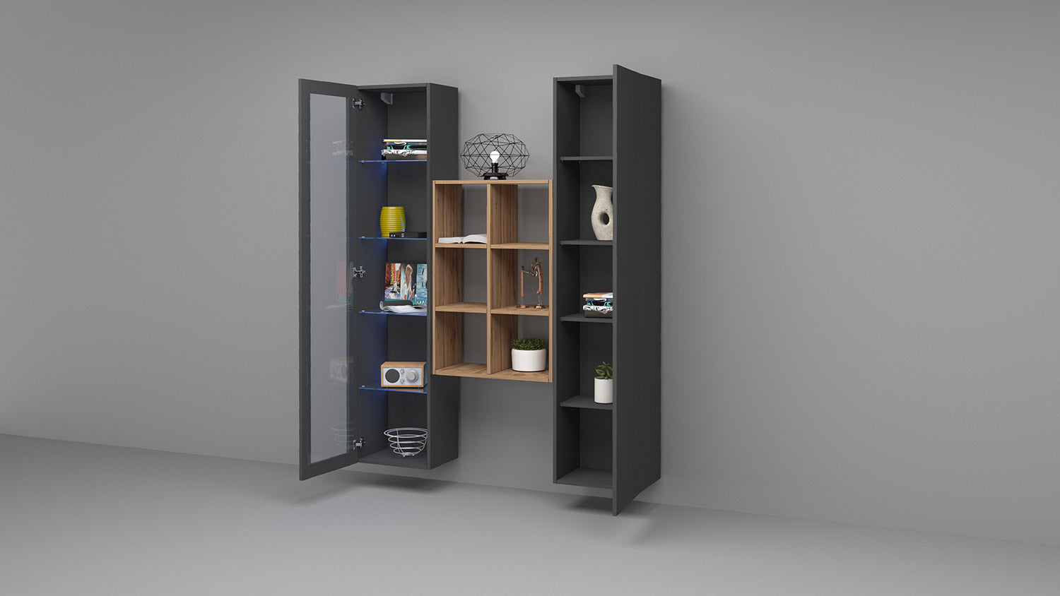 Parete Attrezzata Soggiorno 140x30x180 cm Maruska n°16 Grigio Antracite Opaco