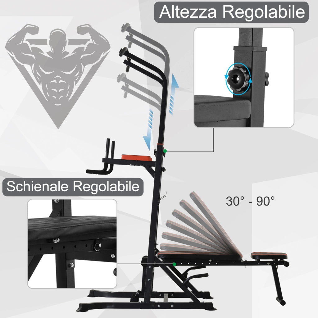 EasyComfort Power Tower Pieghevole, Stazione Fitness Multifunzione Regolabile in 7 Posizioni con Sbarra Trazioni, Dip Station, Pull UP Station e Panca Piana in Acciaio, per Home Gym Casa, Portata 150kg