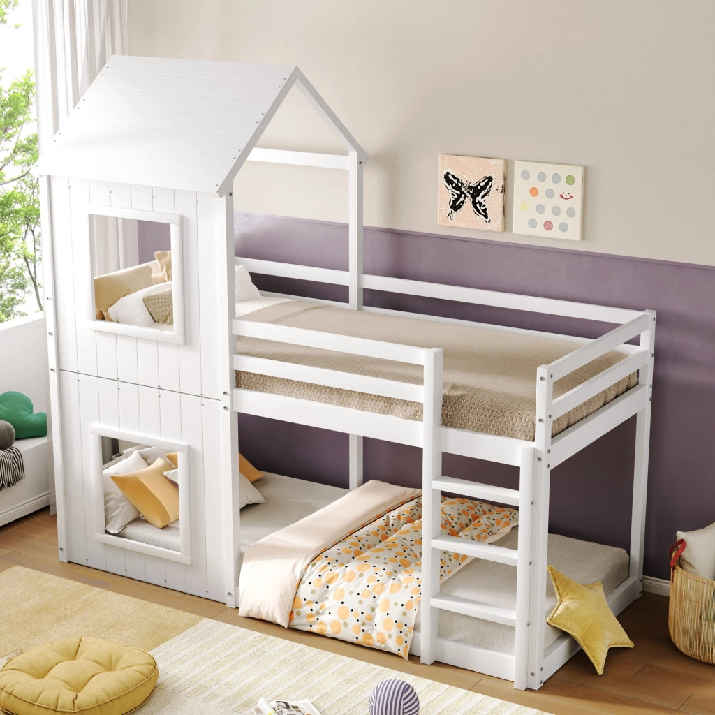 Letto a soppalco per bambini - Zephmum - 90x200 cm - Bianco - Solido, con scala e baldacchino