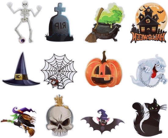 Decorazioni per Halloween - Sticker Magnetici con Heksenhoed, Spinnenweb, Geist, Grafsteen, Pompoen e Vampiri - Set da 12 pezzi