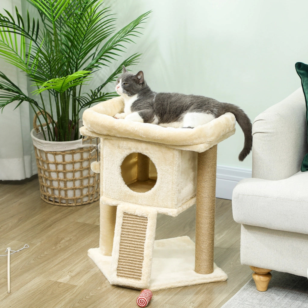 Albero tiragraffi per gatti con tappeto di juta, piattaforma, palla ¨C zephmum ¨C beige, 40x40x57 cm