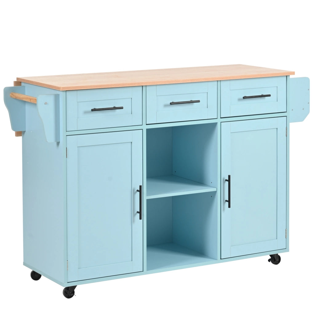 Carrello cucina con piano ribaltabile 139x46(71)x91,5 cm blu in MDF con ruote, cassetti e ripiani regolabili