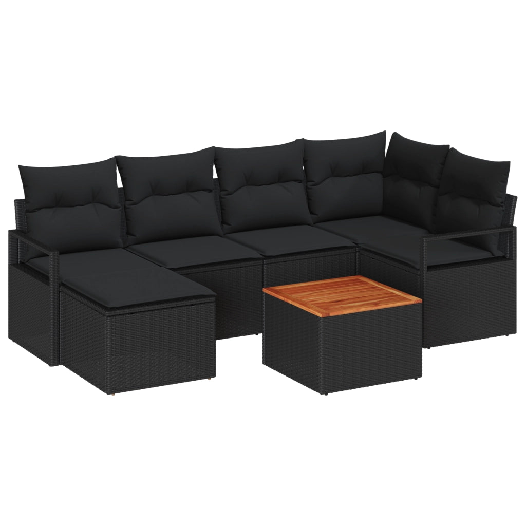 Set di Divani da Giardino 7 Pezzi con Cuscini Nero Polyrattan Acacia