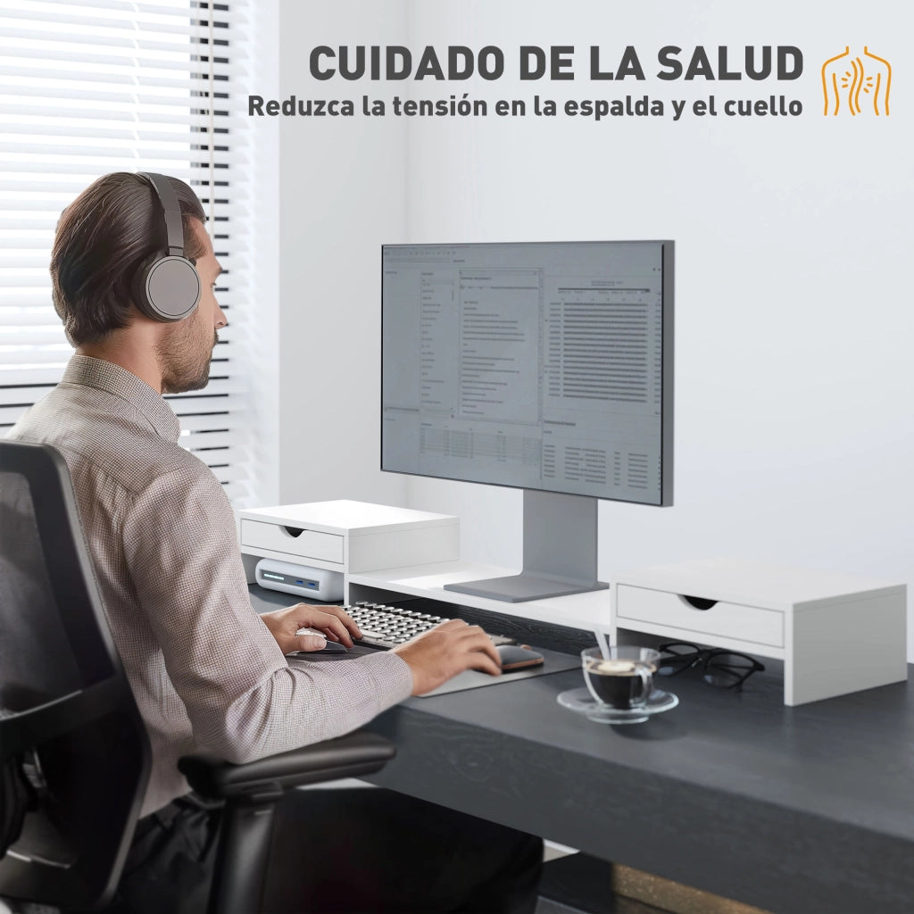 Supporto Monitor Regolabile con 2 Cassetti ¨C Minimal ¨C 60-116x22x12 cm Bianco