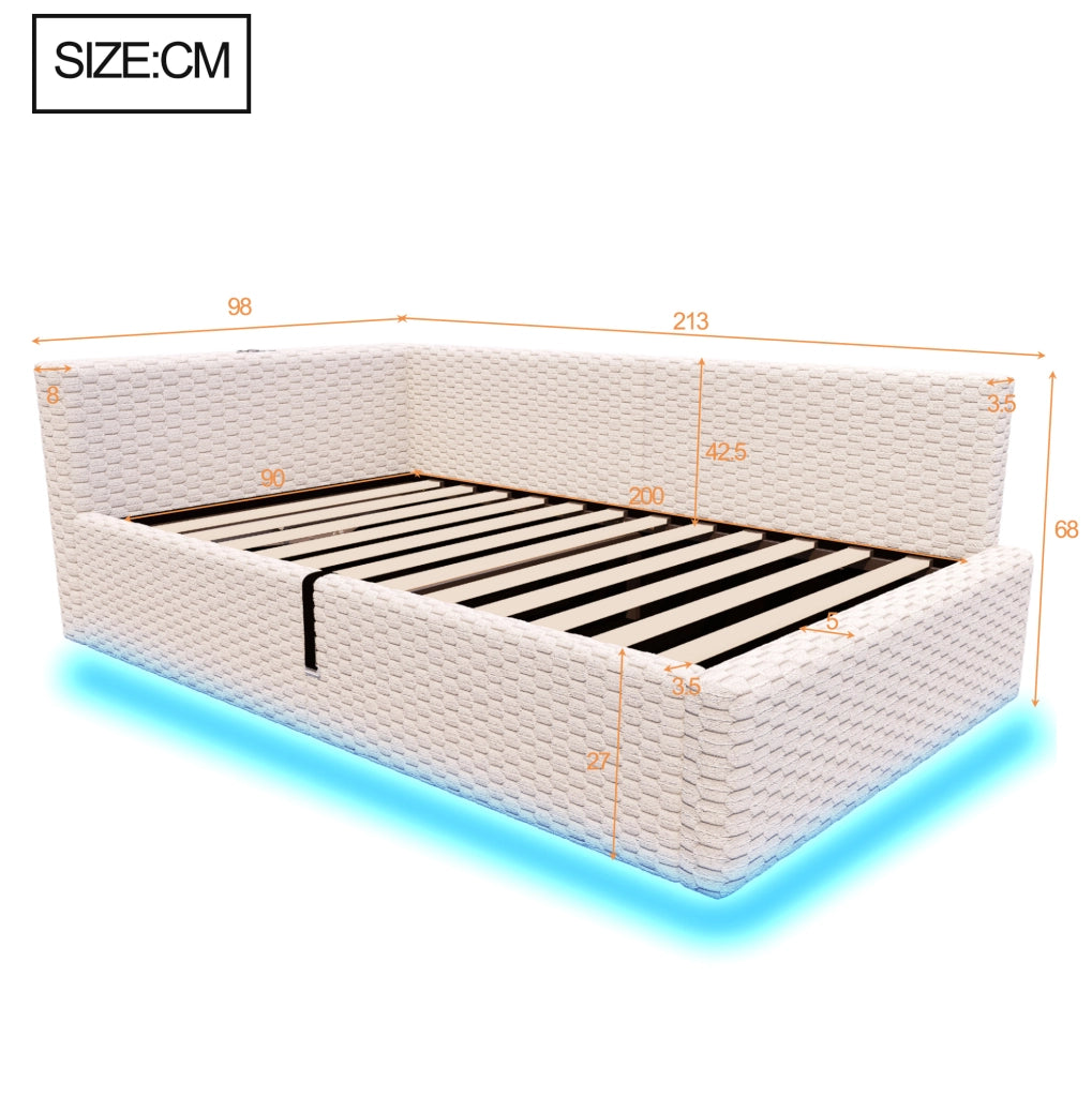 Letto imbottito singolo ULEVR 90x200 cm con contenitore idraulico, LED, 2 USB e Type-C, velluto beige