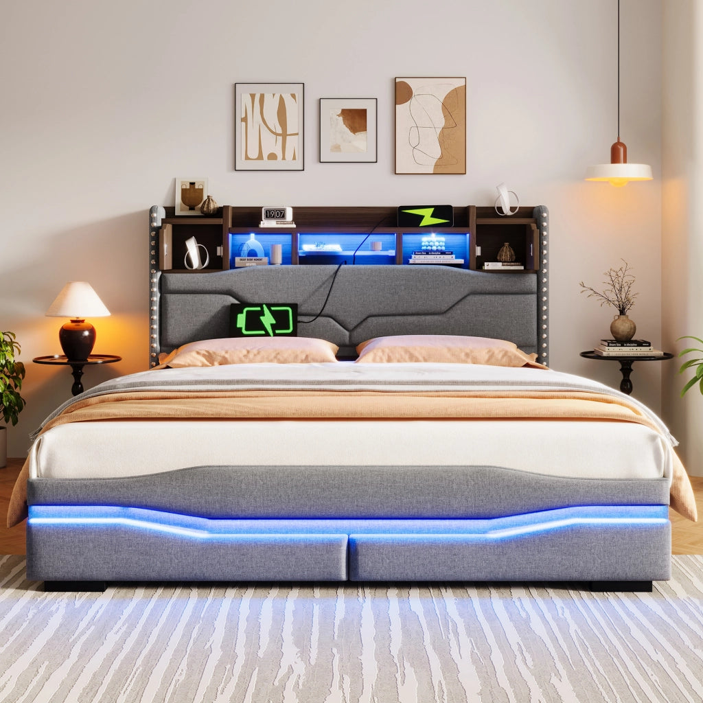 OKWISH Letto Contenitore 160×200 cm, Letto Matrimoniale con USB e Tipo C, LED Regolabile e Testiera con Vano Contenitore, senza Materasso, Grigio