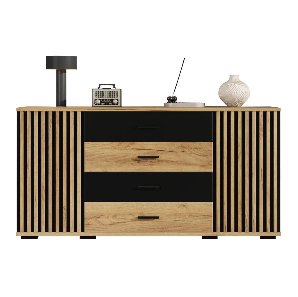 Credenza 140x35x70 cm in MDF; 4 cassetti e 2 ante con ripiani regolabili; nero e rovere