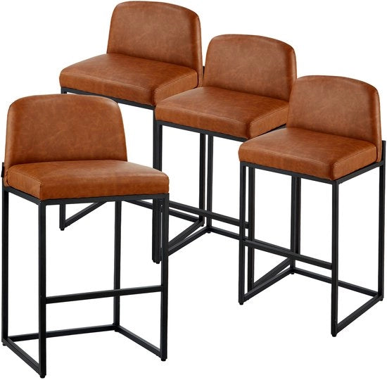 Set da Cucina a 4 Posti con Sedili Alto, 68cm, Poltrone con Schieno e Schieno di Pelle, Supporti in Metallo, Progetto di Facile Assemblaggio senza Braccia per Cucina e Sala da Pranzo, Marrone