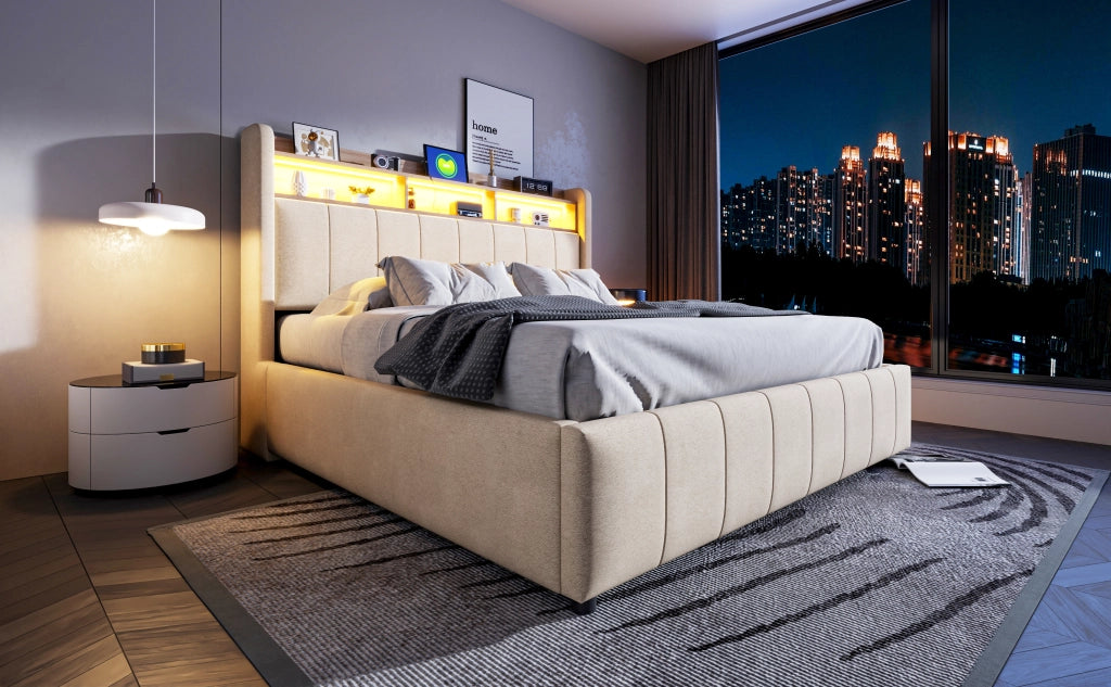 DESMIU Letto matrimoniale 160 × 200 cm con LED, USB, Type-C, contenitore idraulico, senza materasso, beige