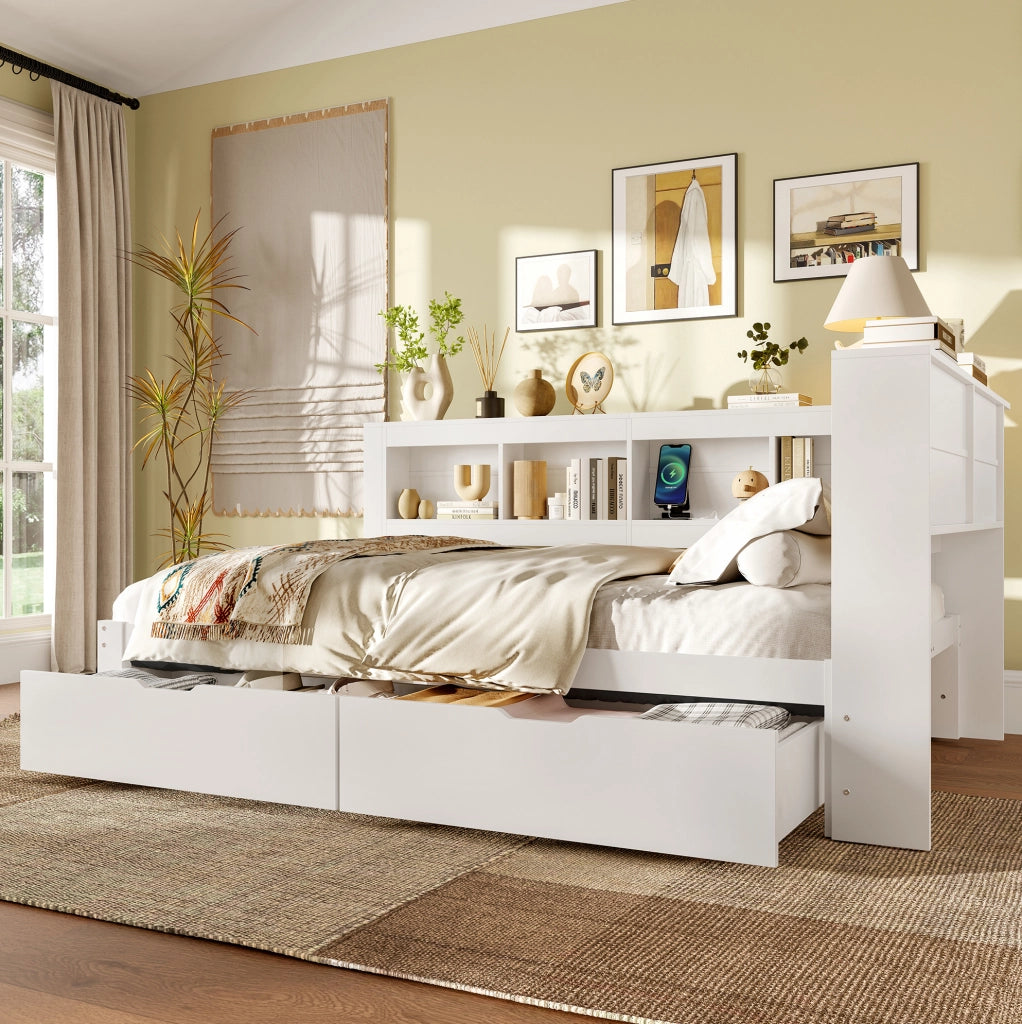 Letto da giorno 140x200 cm con 2 cassetti; presa e 2 porte USB; in MDF e legno di pino; bianco