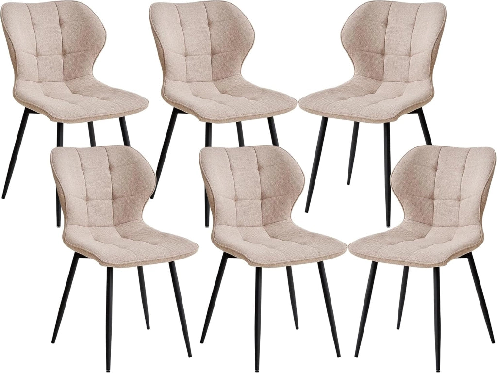 GrandCA HOME Set di 6 Sedie da Pranzo Imbottite in Lino con Schienale e Gambe in Metallo Nero, Sedia da Soggiorno per Cucina, Sala da Pranzo, Camera da Letto - Cachi