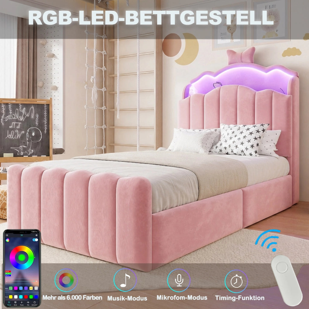 Letto per bambini 90 × 200 cm con contenitore idraulico, USB e Type-C, LED regolabile, sans materasso, en velluto rosa