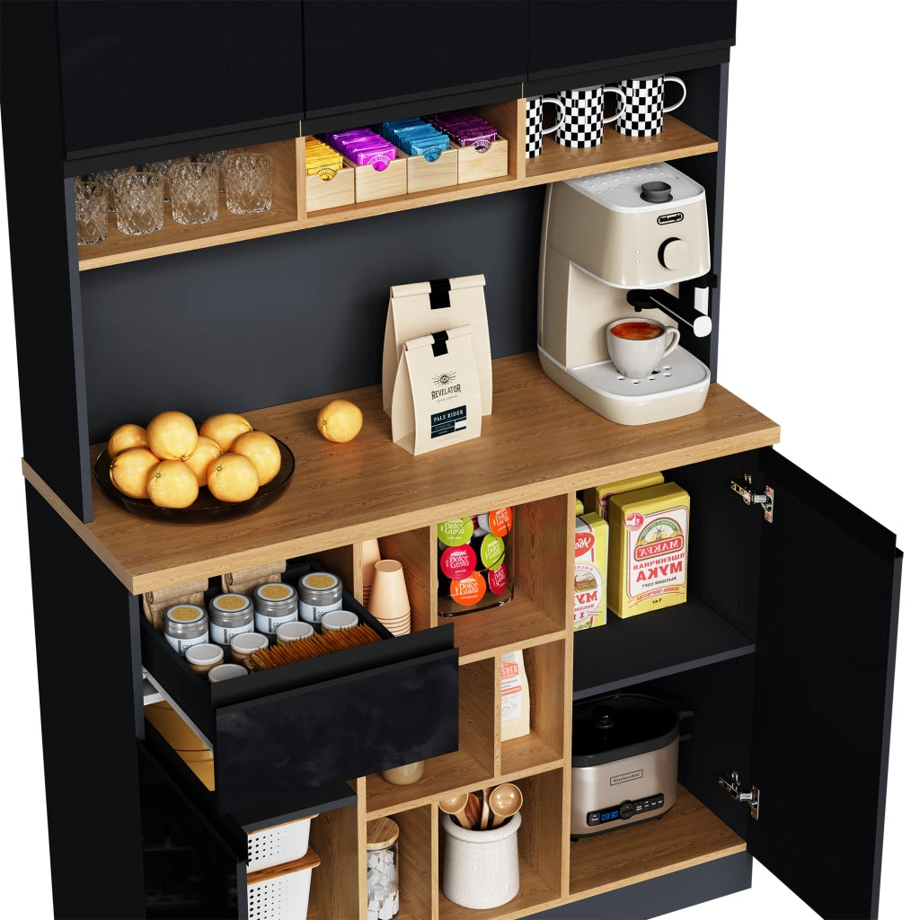 Dispensa alta con ripiani in MDF con cassetto, scomparti aperti e ante per cucina, antracite e nero 105 × 45 × 185 cm