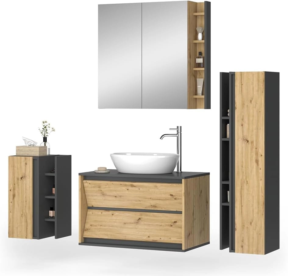 Set di mobili da bagno Edelin, Antracite/Artisan, 80 cm, composto da mobile sottolavabo, specchiera, armadio medio e pensile