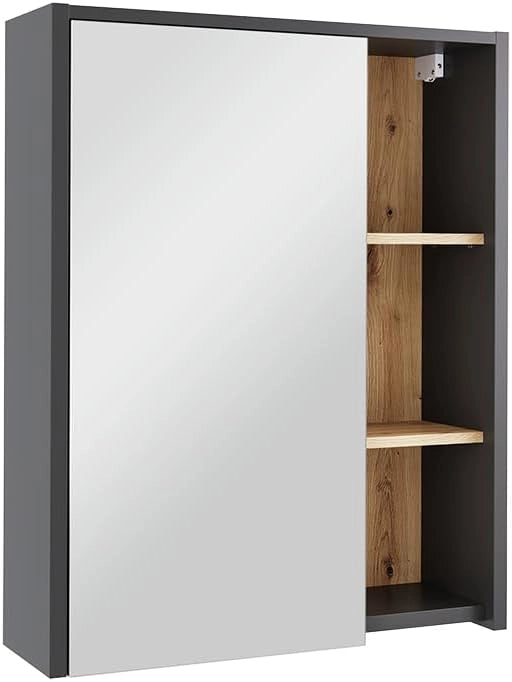 Mobile a specchio per il bagno Viola, Grigio/Artisan, 60 x 75 cm con ripiani aperti