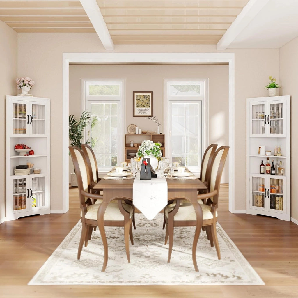 Armadio Angolare 66 x 35 x 171 cm, Mobile Bagno Triangolare Salvaspazio con 4 Ante in Vetro Temperato e Ripiani Regolabil, Mobile Angolare per Soggiorno, Cucina e Sala da Pranzo