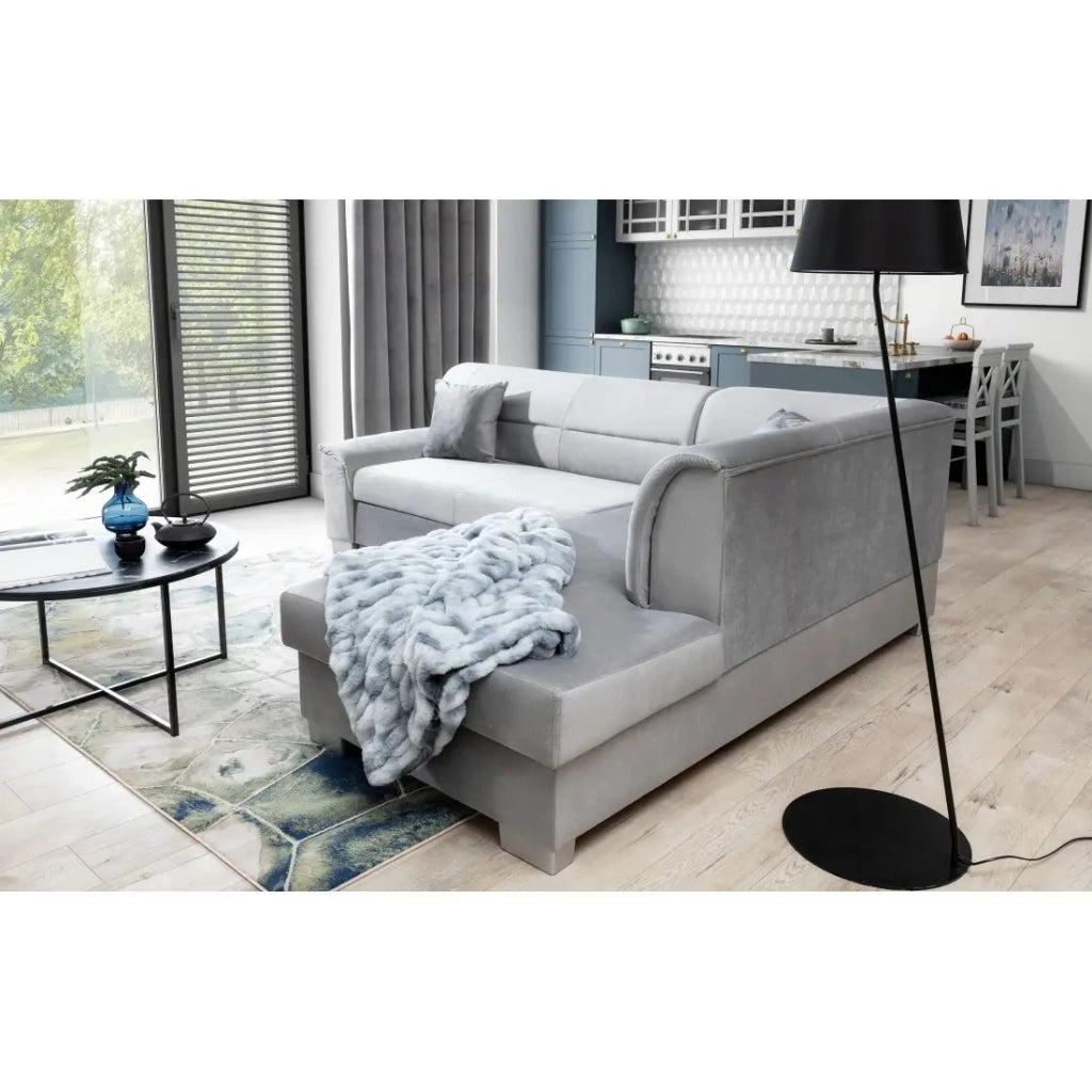 Divano angolare convertibile TROMSO grigio effetto velluto - Angolo destro con contenitore