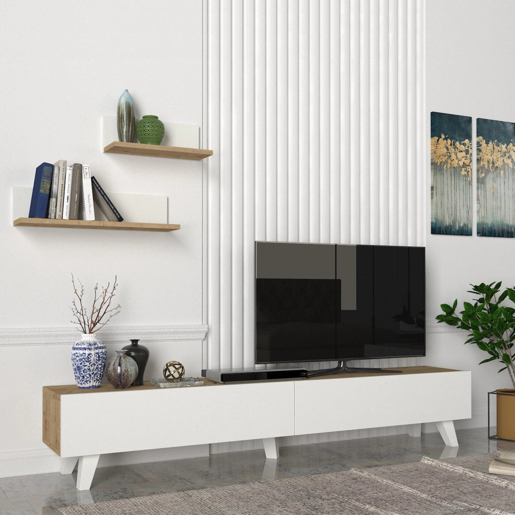 Set di Mobile TV e 2 Mensole da Muro Armadietto Porta TV 180 cm con 2 Ante a Ribalta e Mensole a Forma di L Lunghezze Diverse - Effetto Rovere / Bianco [en.casa]